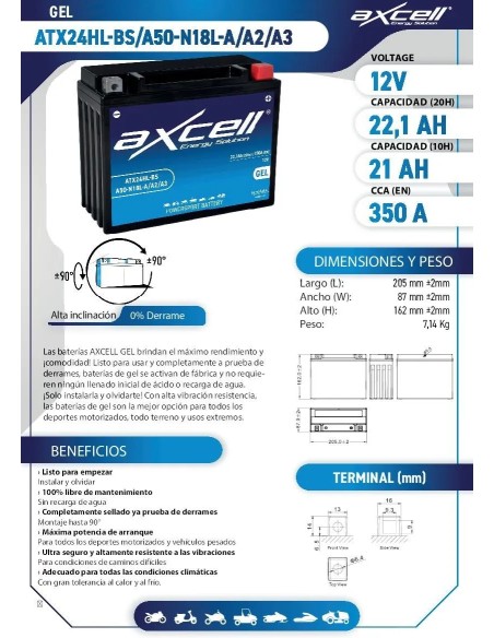 bateria moto axcell gel atx24hl bsa50 n18l aa2a3