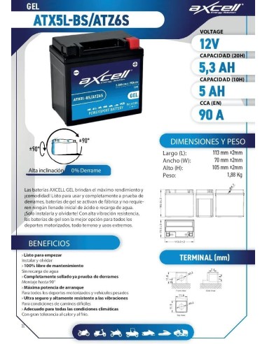 Batería moto Axcell GEL ATX5L-BSATZ6S