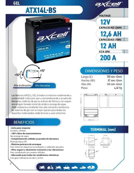 Batería moto Axcell GEL ATX14L-BS