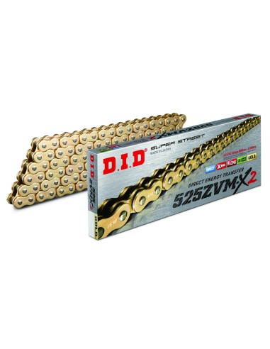 cadena did 525 zvm x2 con 120 pasos color oro y remache 28841209z
