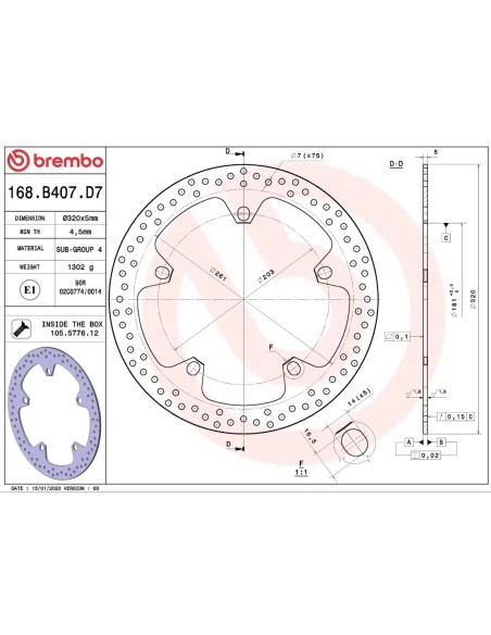 Disco de freno Brembo fijo Serie Oro 168B407D7 | Motoauto
